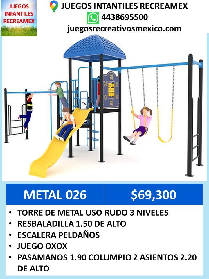 modulo de metal con resbaladilla de metal, columpios, escalera peldaños, juego xoxo